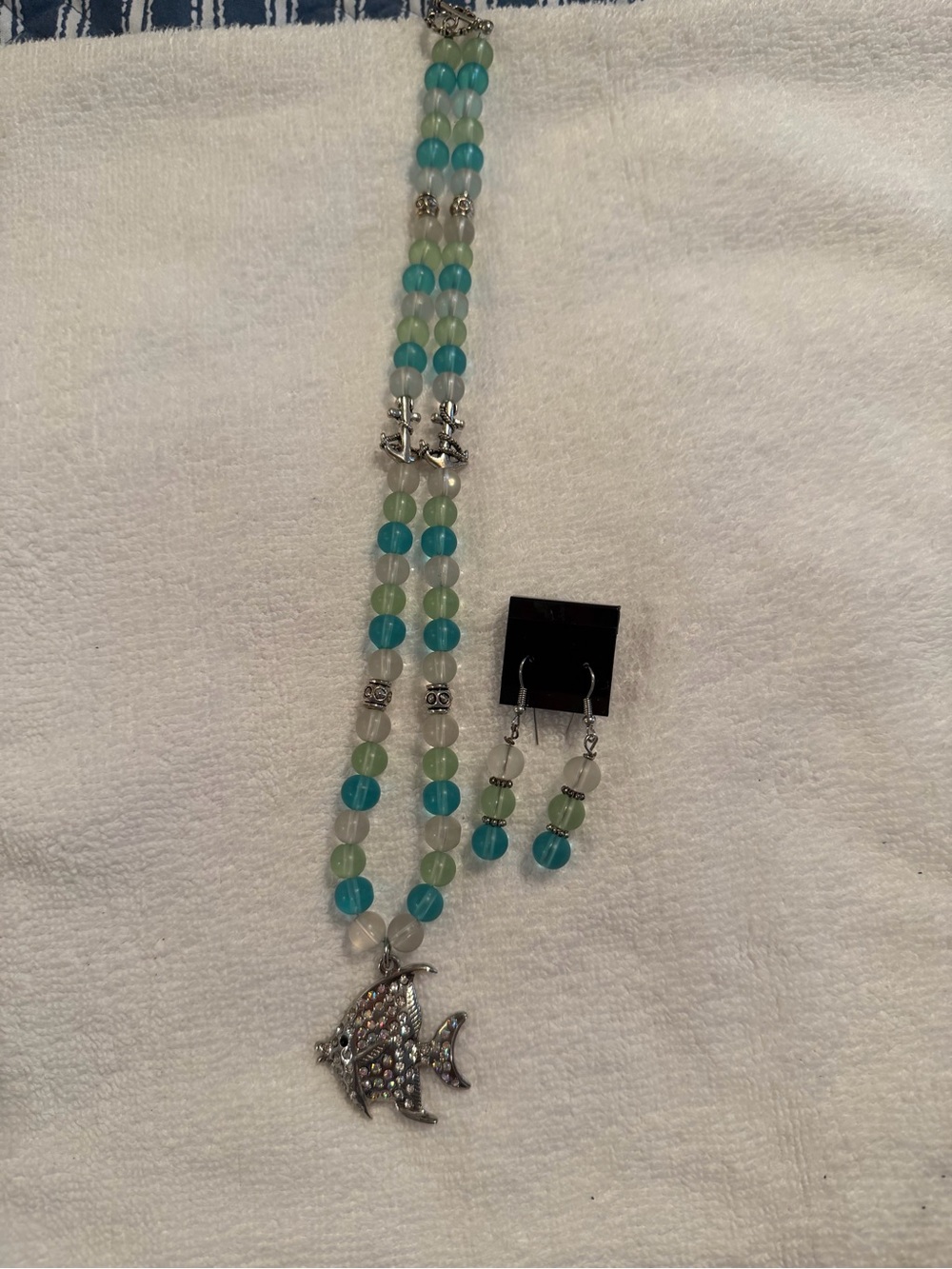 Silver Fish Pendant Bead Necklace and Earrings Set - Aqua & Seafoam